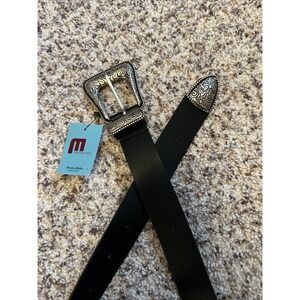 Martina Mori  New Made In Italy Leather Belt Black Sz 34/35" Silver Buckle